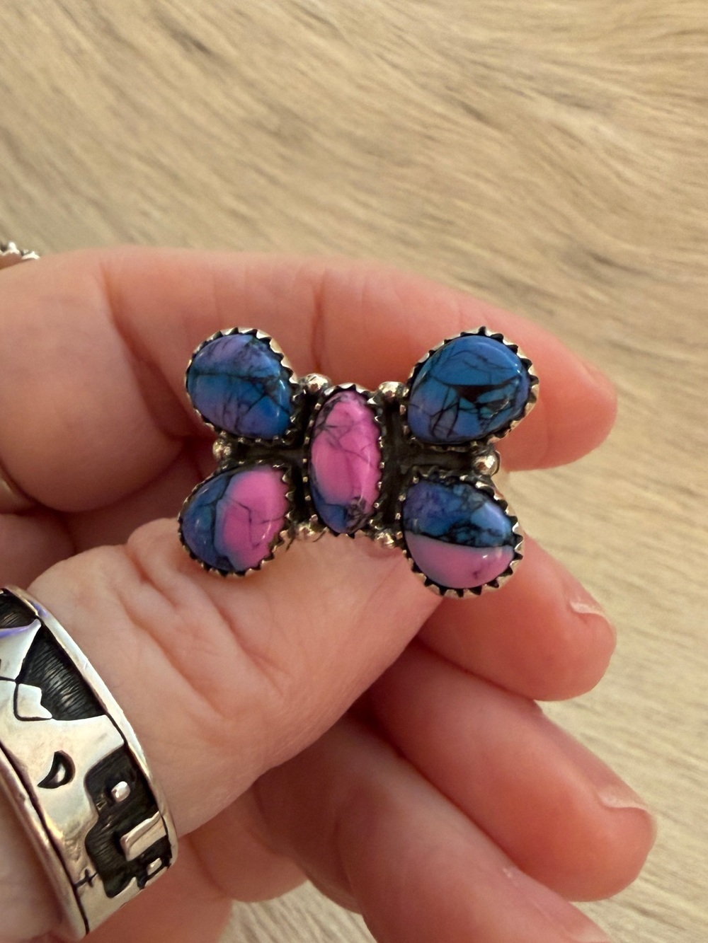 ❤️ Monarch Dahlia Kingman Turquoise Butterfly Sterling Silver Adjustable Ring